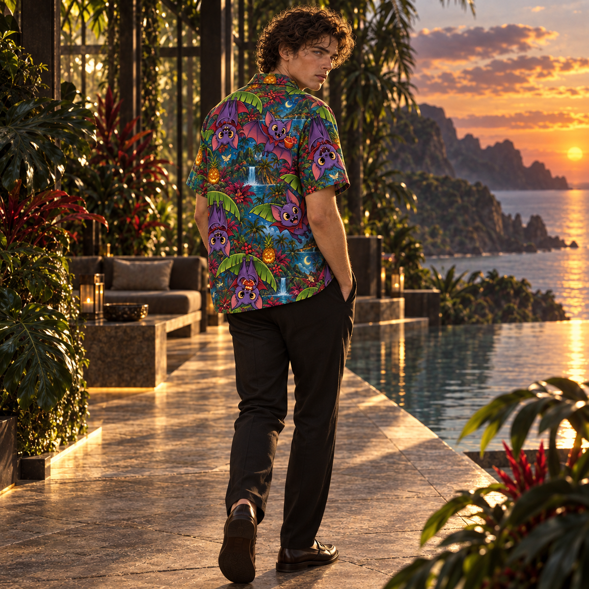 Men's Halloween 2026 Vampire Bat Botanical Hawaiian Shirt