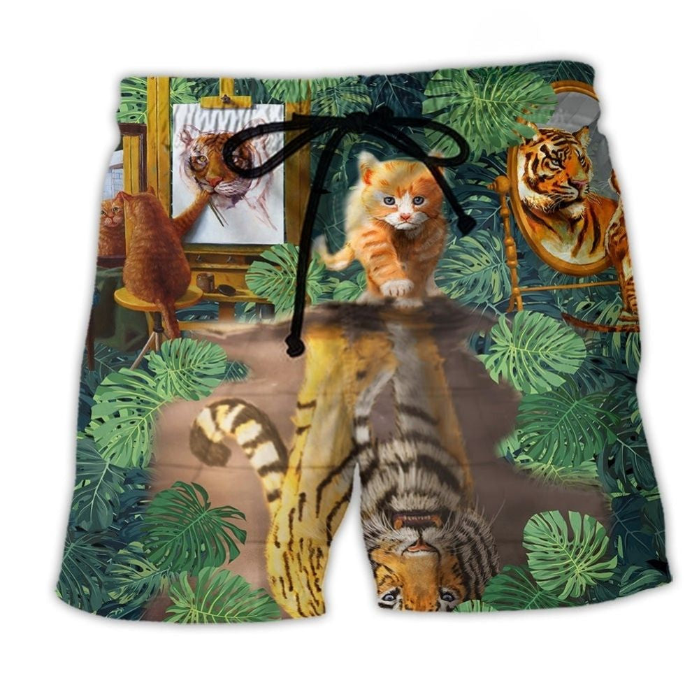 Cat And Tiger Tropical Leaves Legend Art – Beach Short