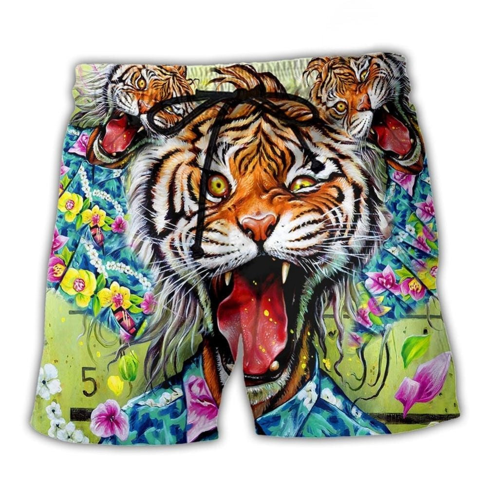 Tiger With Floral Artistic Style – Beach Short