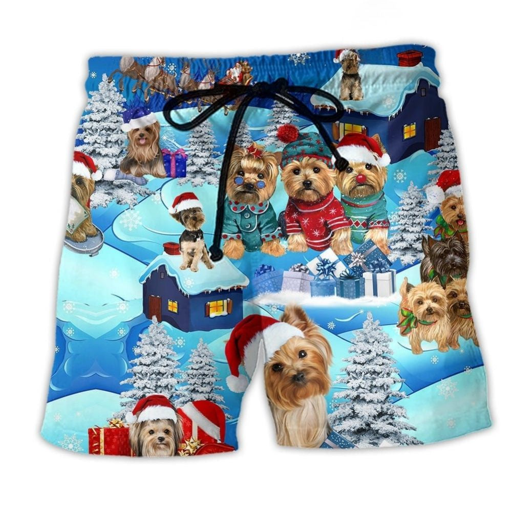 Yorkshire Dog Snowy Christmas Art – Beach Short