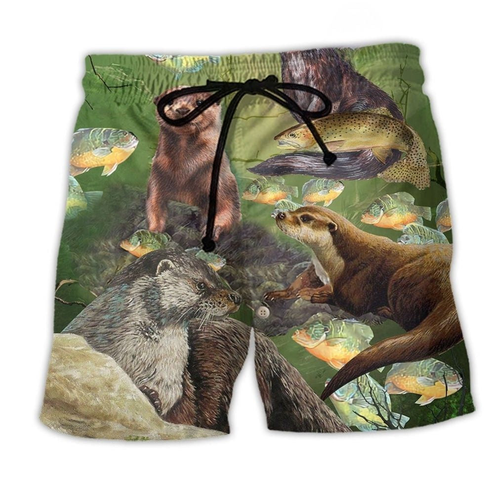 Otter Busy Fishing Day Wildlife Art – Beach Short