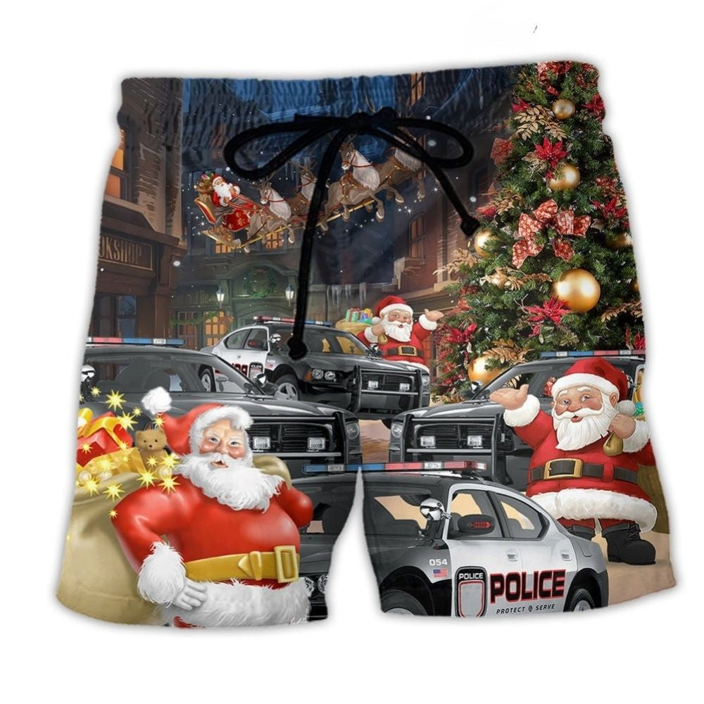 Police Car Santa Holiday Art – Beach Short