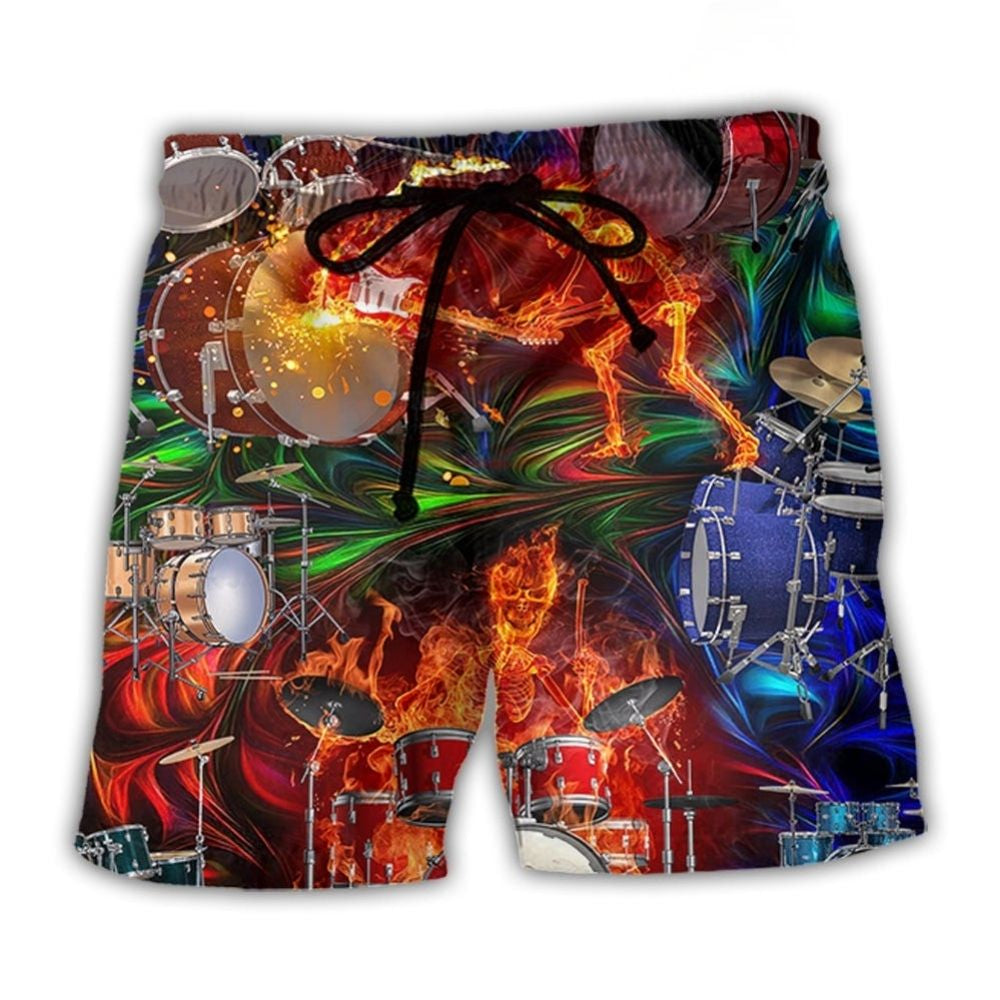 Drum Is My Life Fire Skull Colorful Style - Beach Short