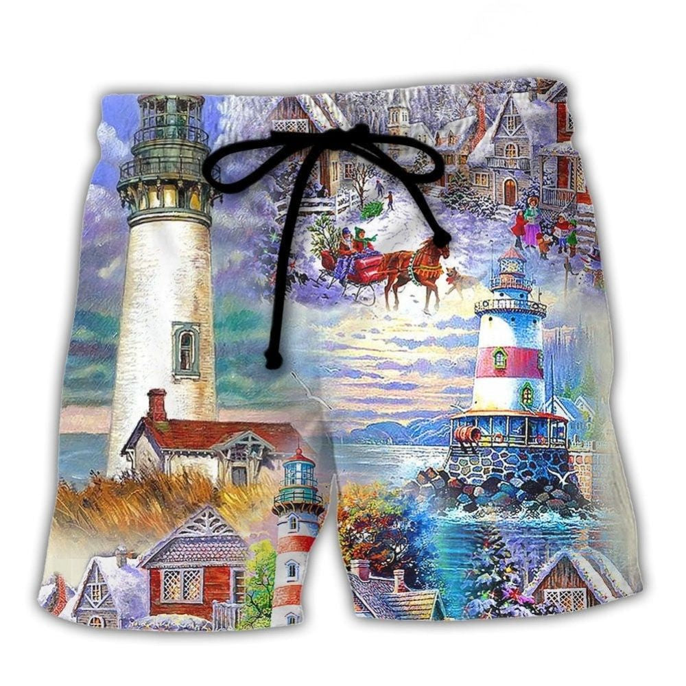 Christmas Lighthouse Santa Storm Art – Beach Short