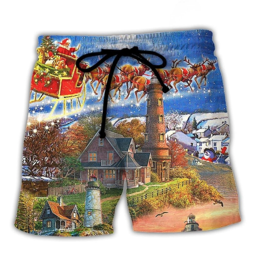 Christmas Lighthouse Shine Bright Art – Beach Short