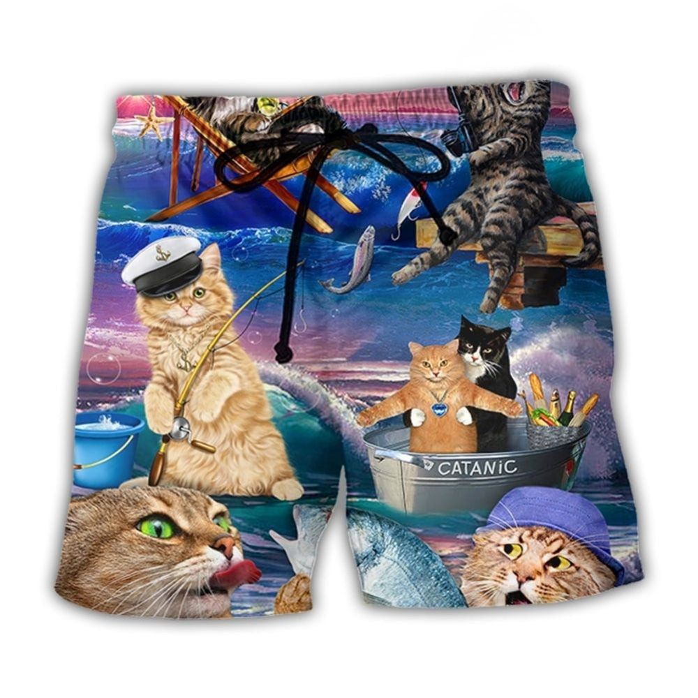Cute Fishing Cat Beach Art – Beach Short