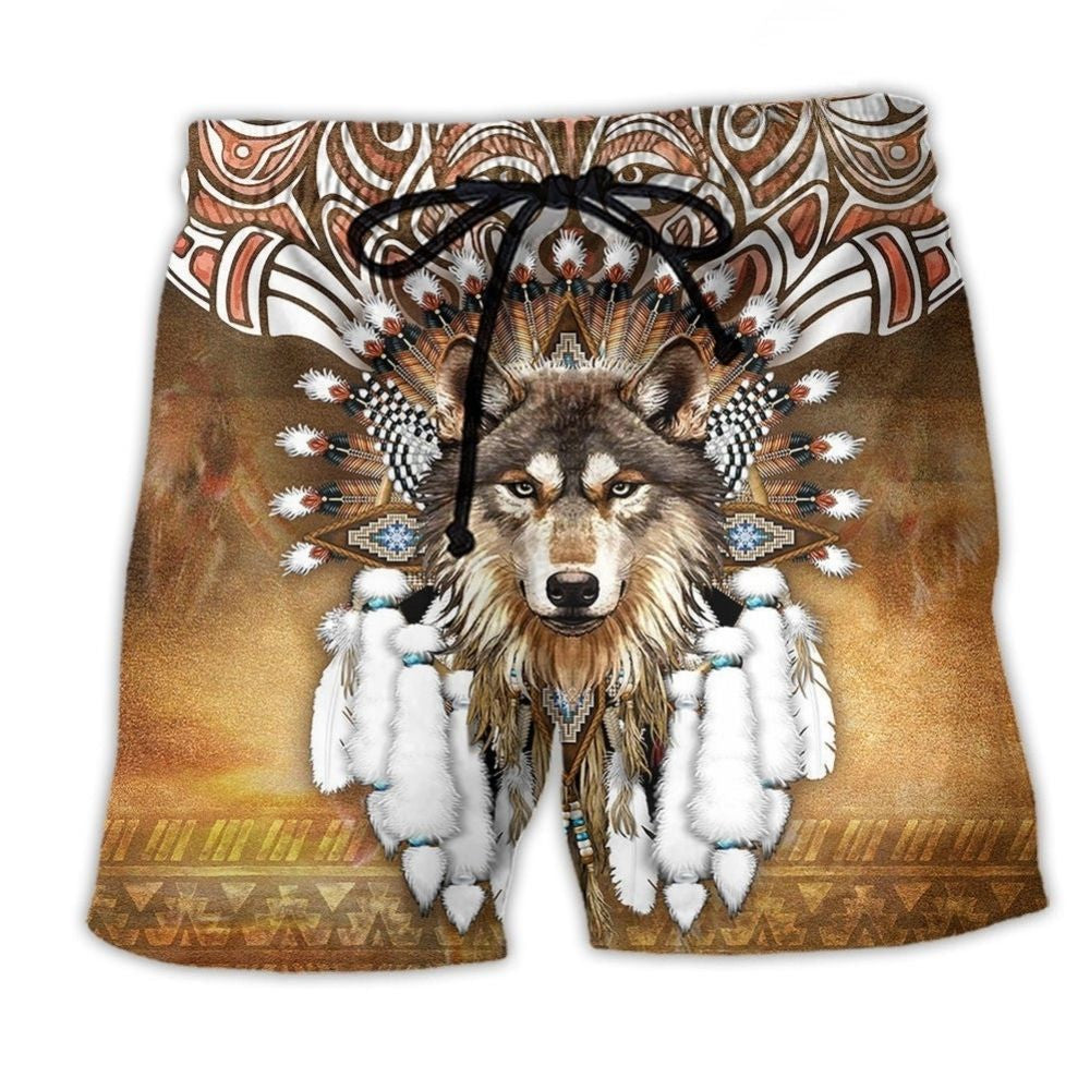 Native Wolf King Feather Art – Beach Short