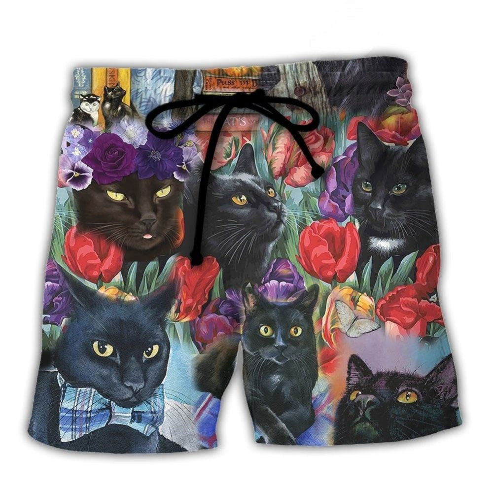 Black Cat Floral Artistic Design - Beach Short