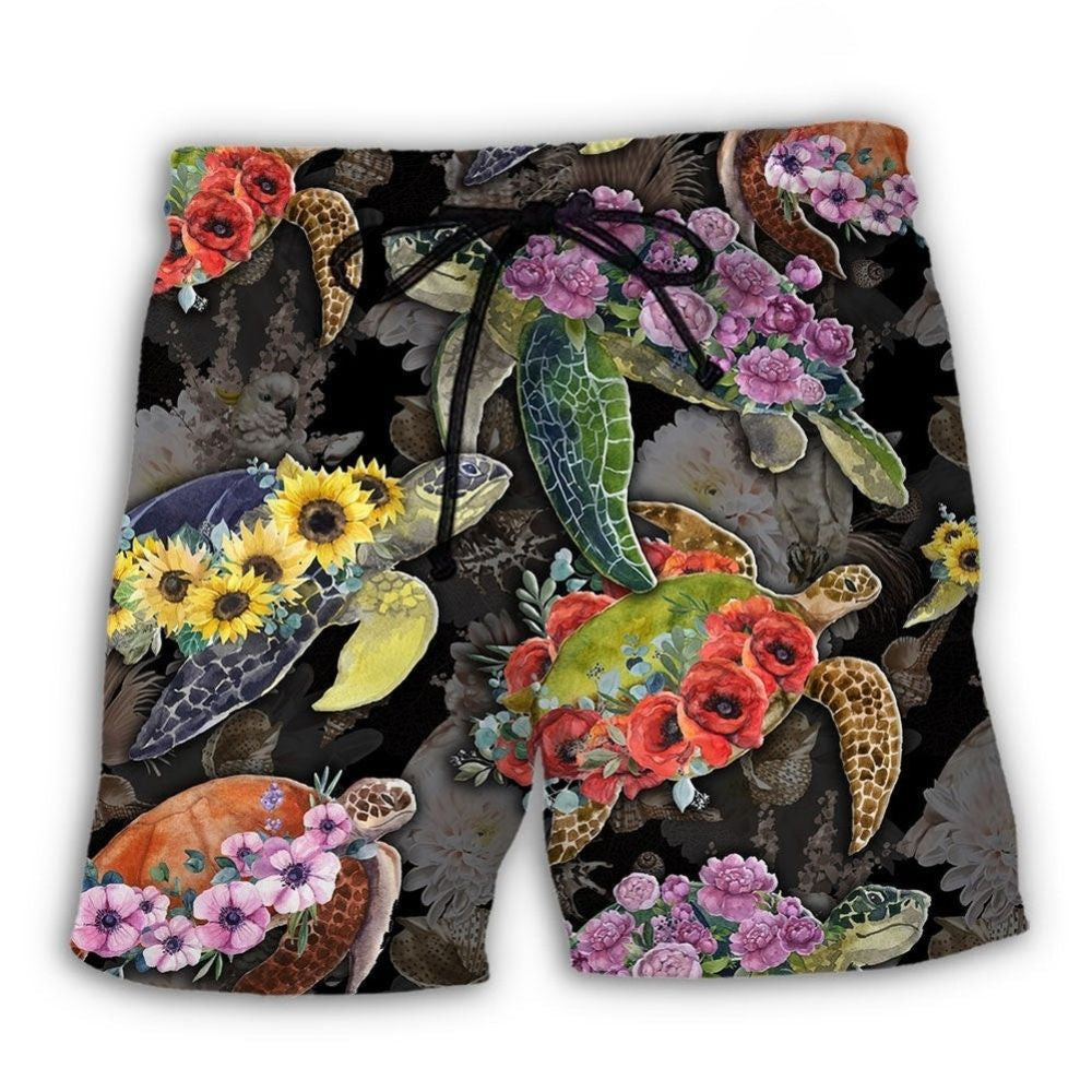 Turtle And Flowers Tropical Nature Art – Beach Short