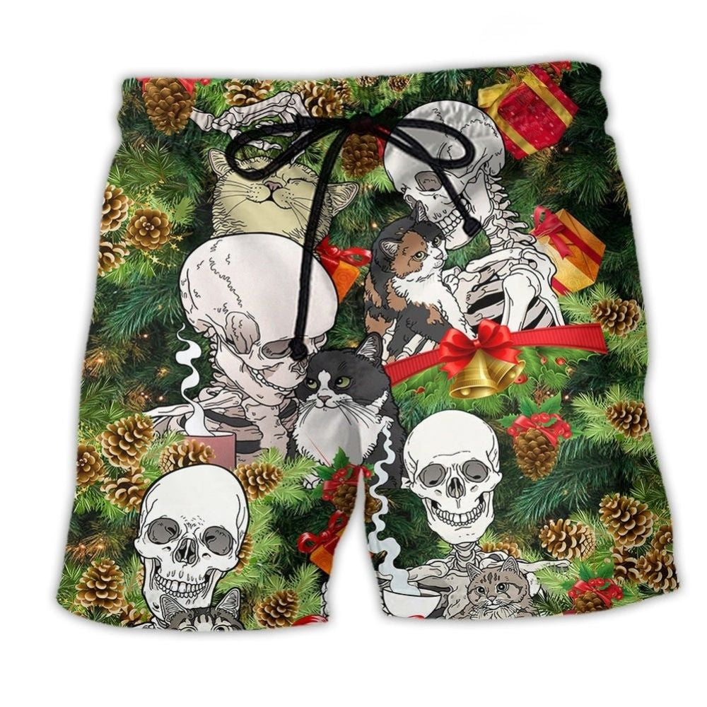 Funny Christmas Skull Cat Art – Beach Short
