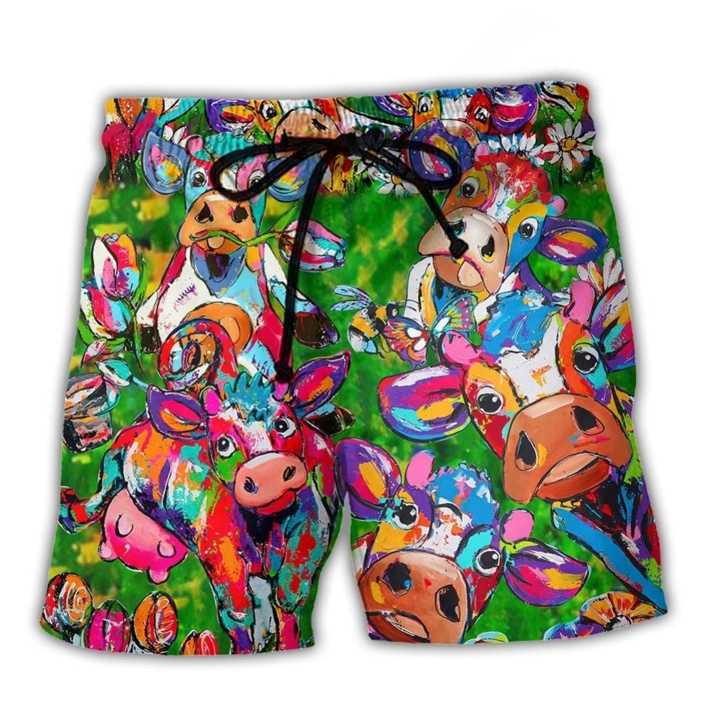 Cow With Flowers Funny Farm Art – Beach Short