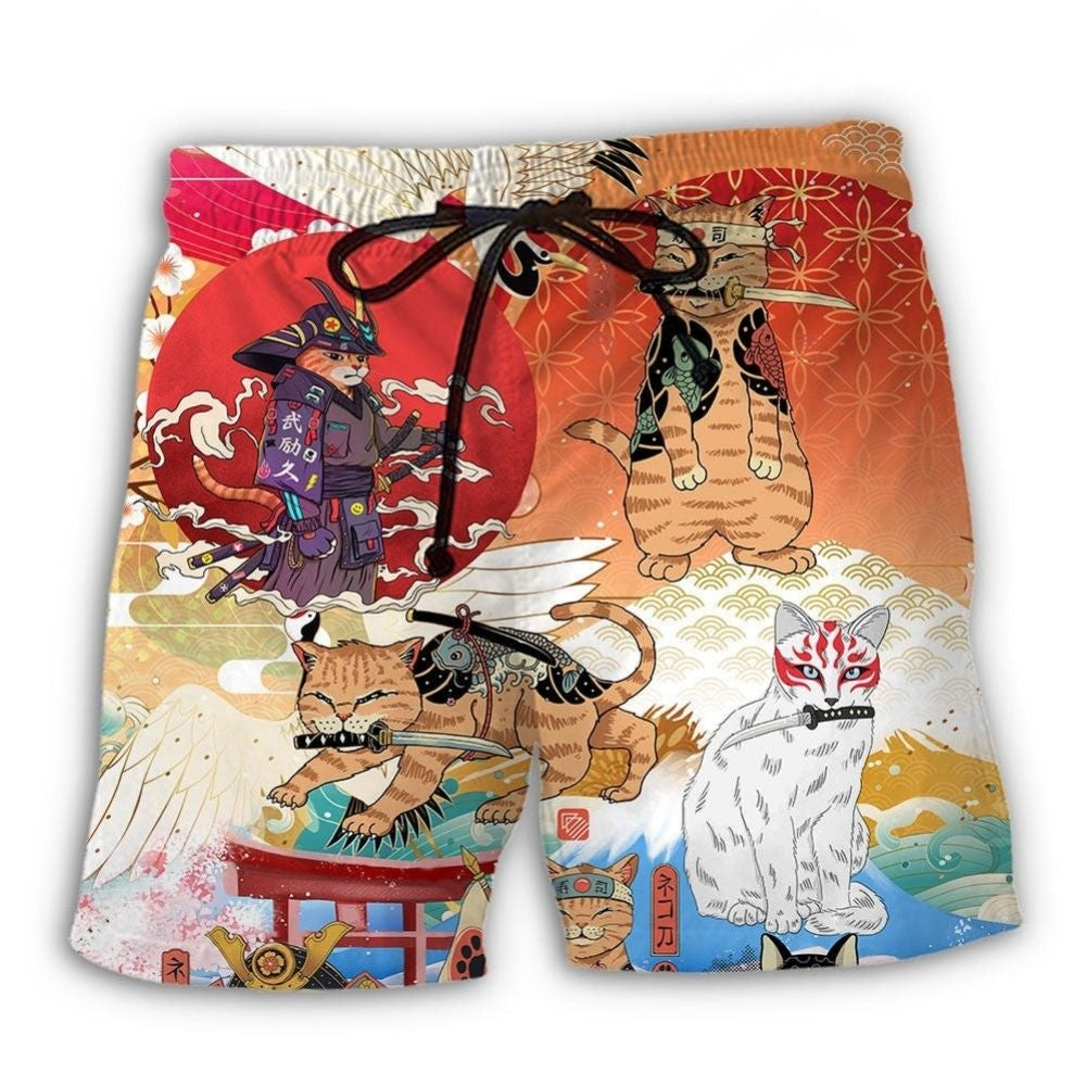 Funny Samurai Cat Japanese Art – Beach Short