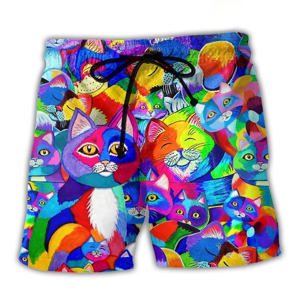 Colorful Rainbow Cat Art – Beach Short