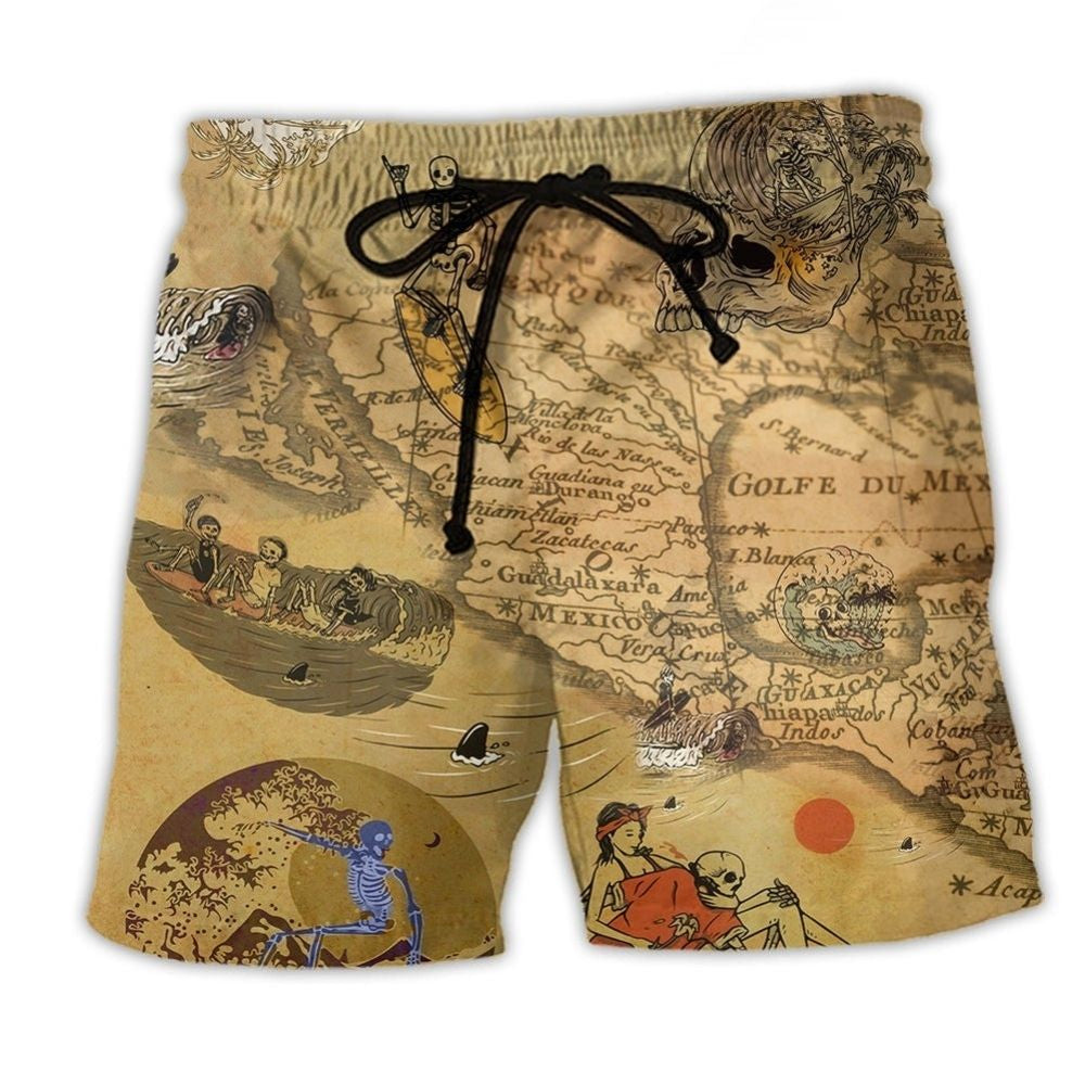 Vintage Surfing Skeleton Adventure Art – Beach Short