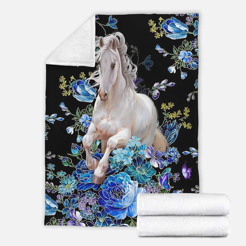 Horse Blue And White Floral Flannel Blanket For Cozy Home Lounging And Gifting