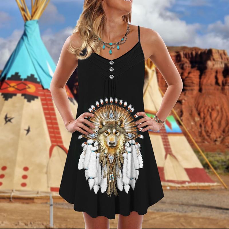 Native Wolf Peaceful Vibes – Women's Summer Sleeveless V-Neck Camisole Dress