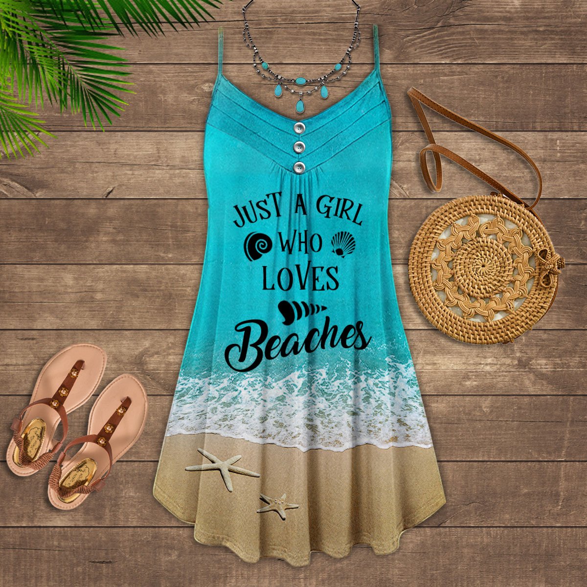 Girl Who Loves Beach – Women's Summer Sleeveless V-Neck Camisole Dress