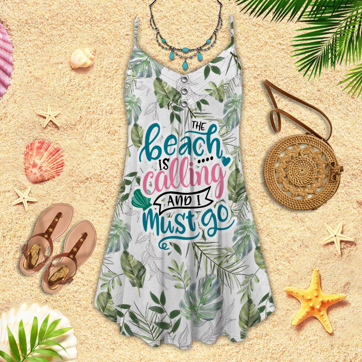 Beach Calling Adventure – Women's Summer Sleeveless V-Neck Camisole Dress