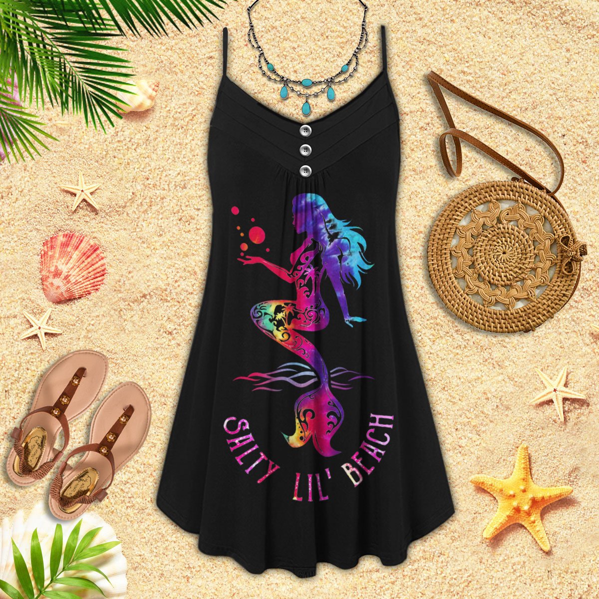 Salty Little Beach Mermaid – Women's Summer Sleeveless V-Neck Camisole Dress