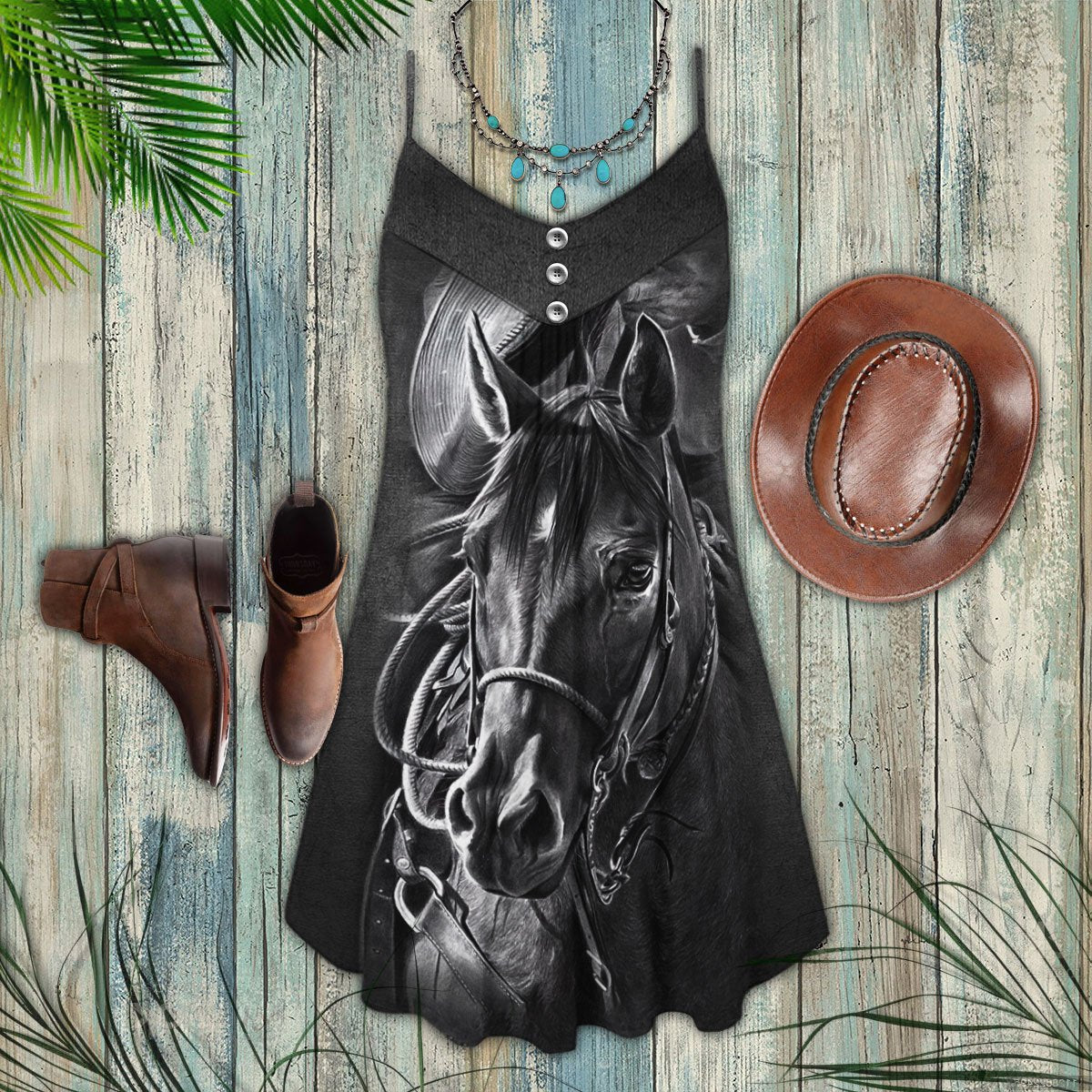 Black White Horse Cool Style – Women's Summer Sleeveless V-Neck Camisole Dress