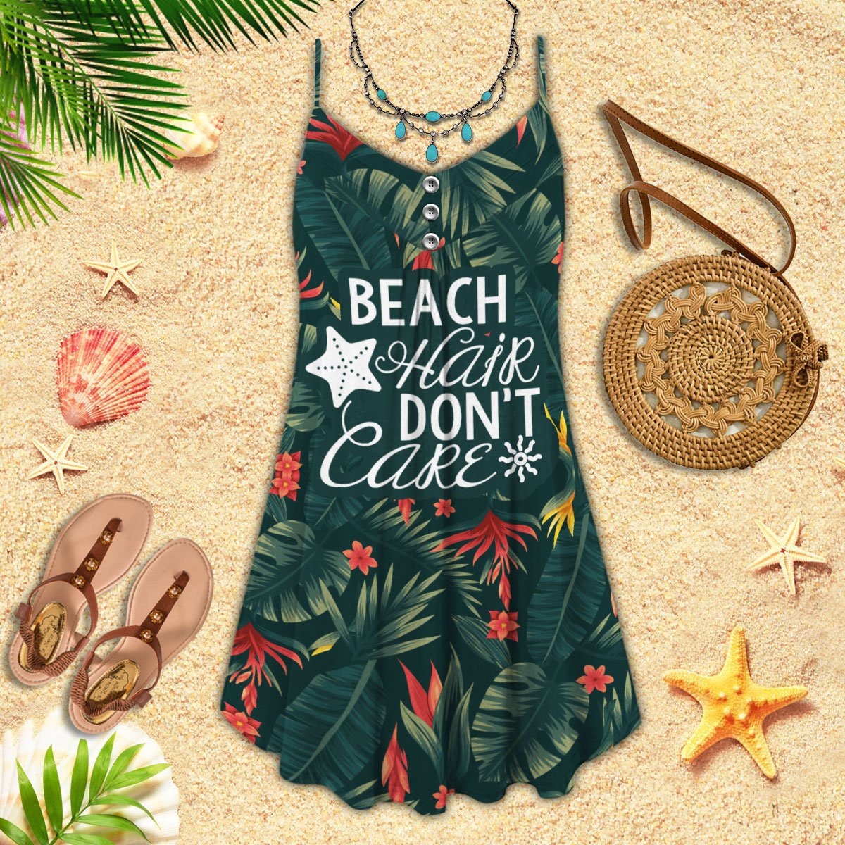 Beach Hair Dont Care – Women's Summer Sleeveless V-Neck Camisole Dress