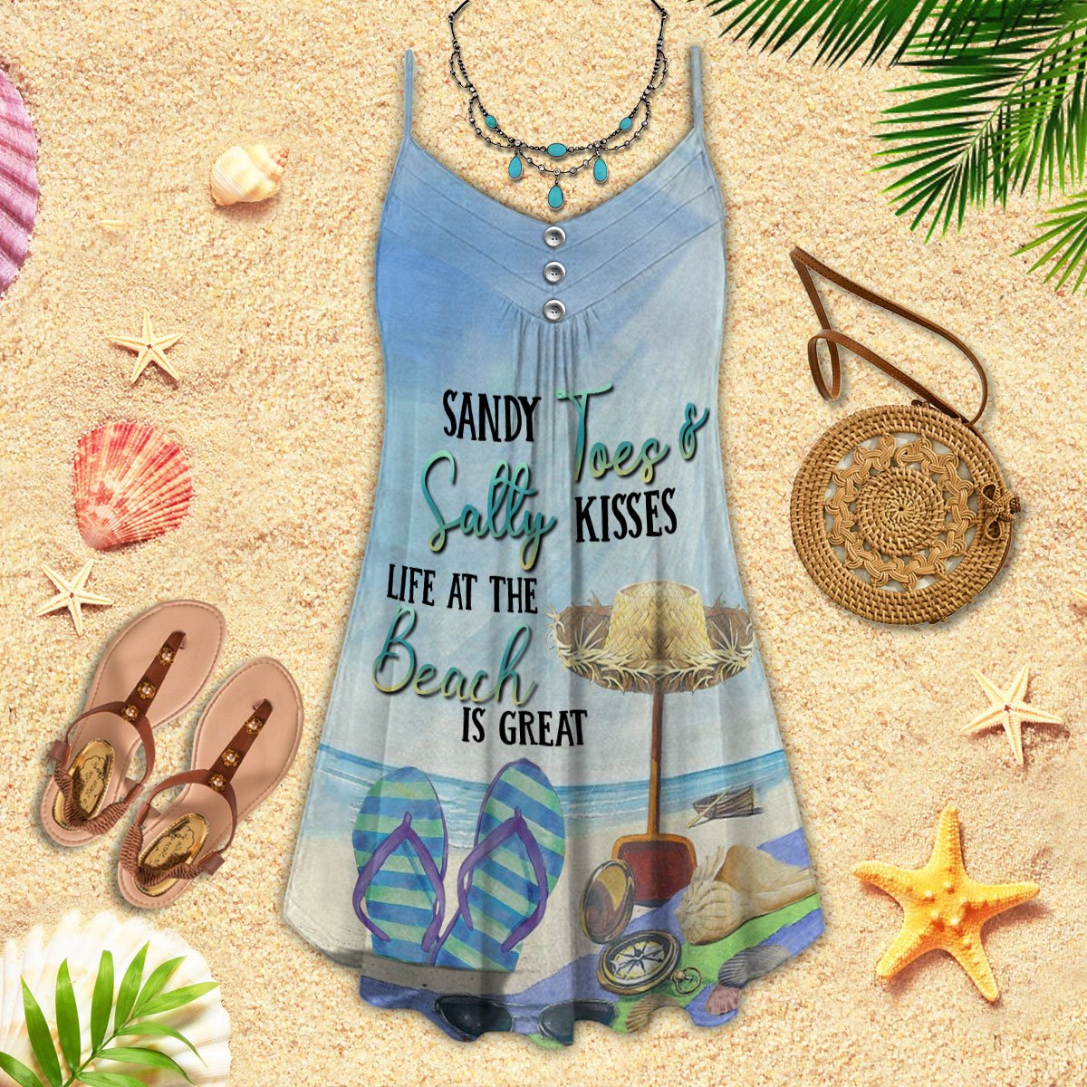 Sandy Toes Beach Days – Women's Summer Sleeveless V-Neck Camisole Dress