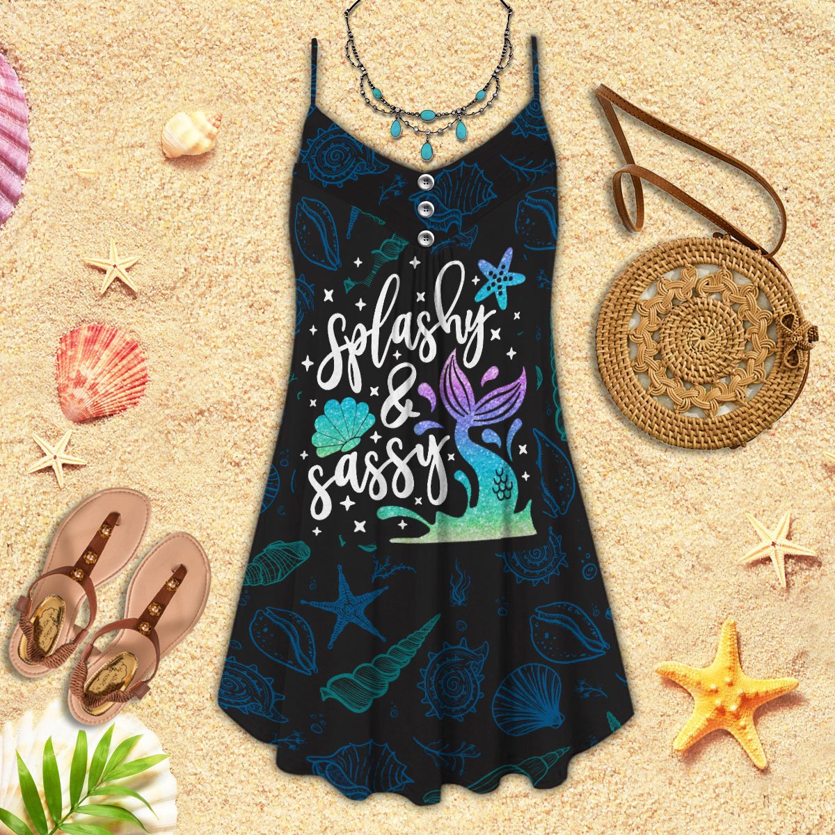 Splashy Sassy Mermaid – Women's Summer Sleeveless V-Neck Camisole Dress