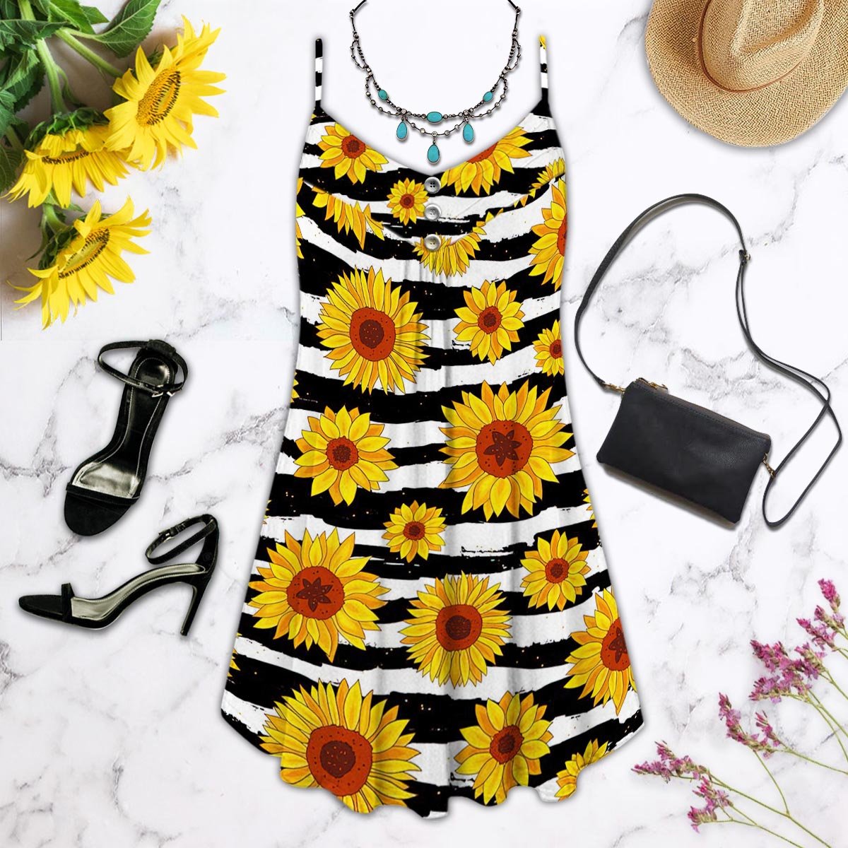 Sunflower Pattern Bright Limited – Women's Summer Sleeveless V-Neck Camisole Dress