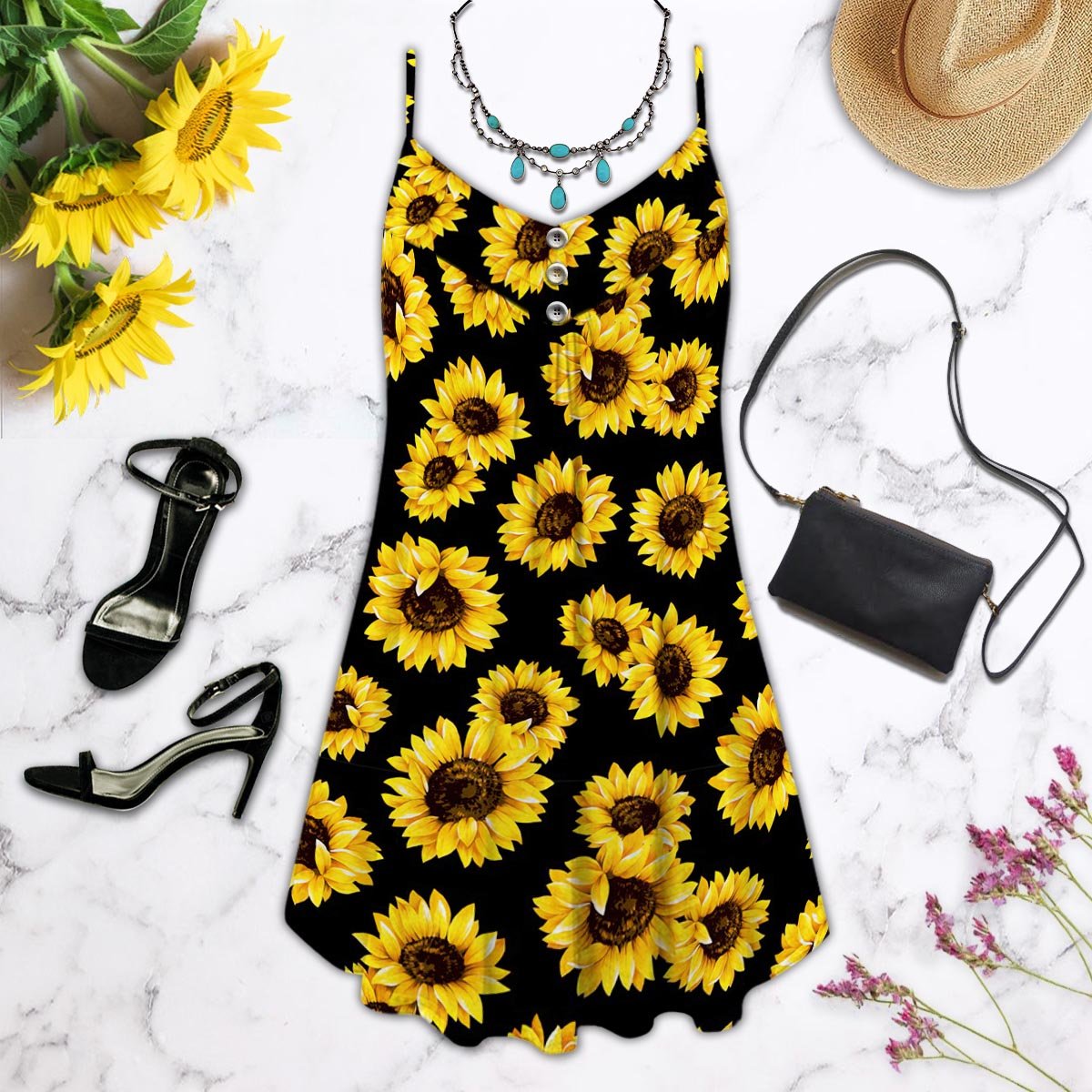 Sunflower Pattern Limited – Women's Summer Sleeveless V-Neck Camisole Dress