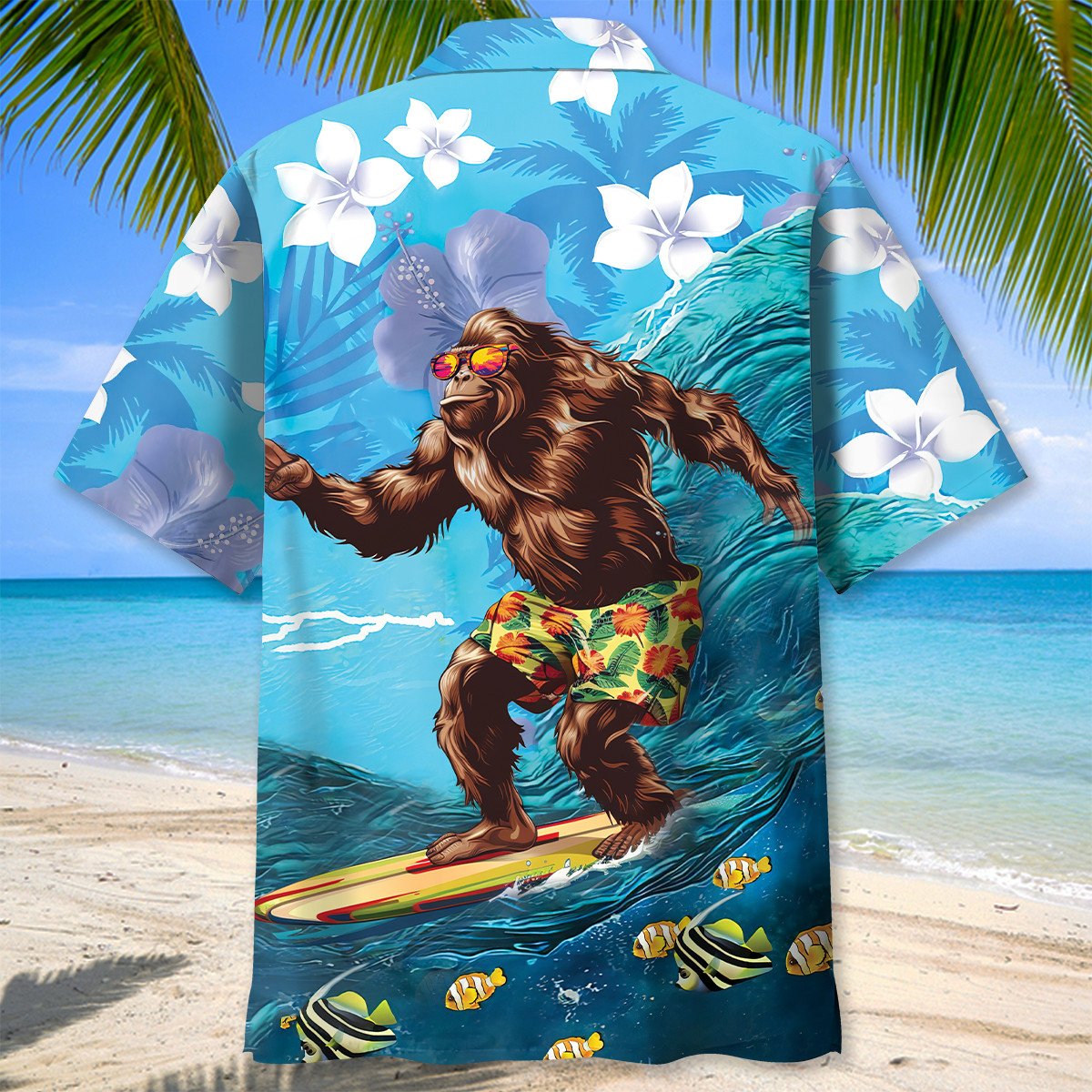 Funny Bigfoot Surfing Hibiscus Style – Hawaiian Shirt