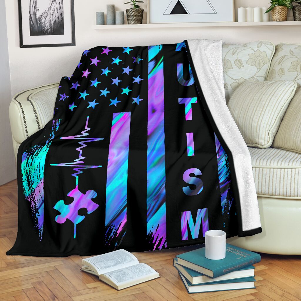 Autism Awareness American Flag Color Flannel Blanket For Warm Home Decor And Relaxation