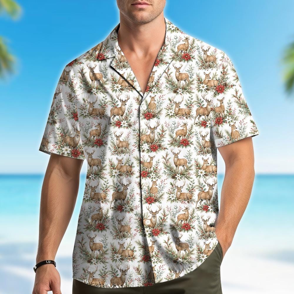 Christmas Deer Vintage Reindeer Poinsettia Woodland – Hawaiian Shirt