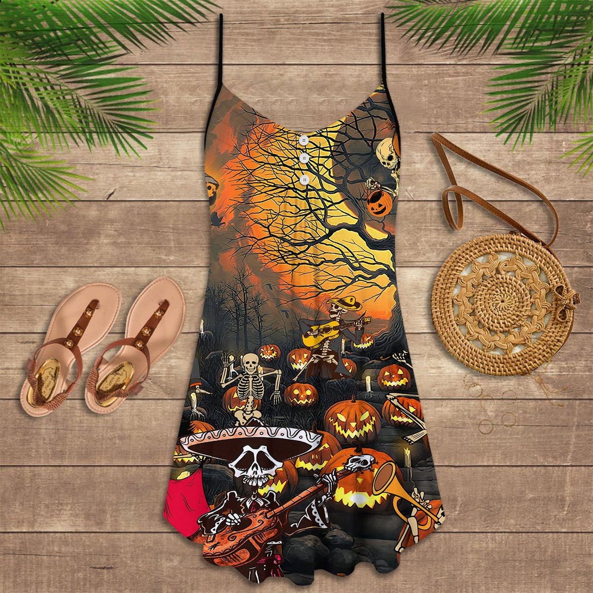 Halloween Skull Dark Night – Women's Summer Sleeveless V-Neck Camisole Dress