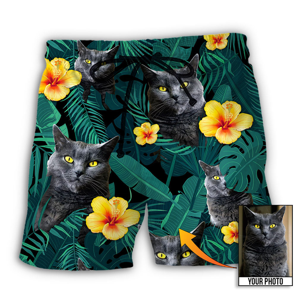Black Cat Green Tropical Style Custom Photo – Beach Short