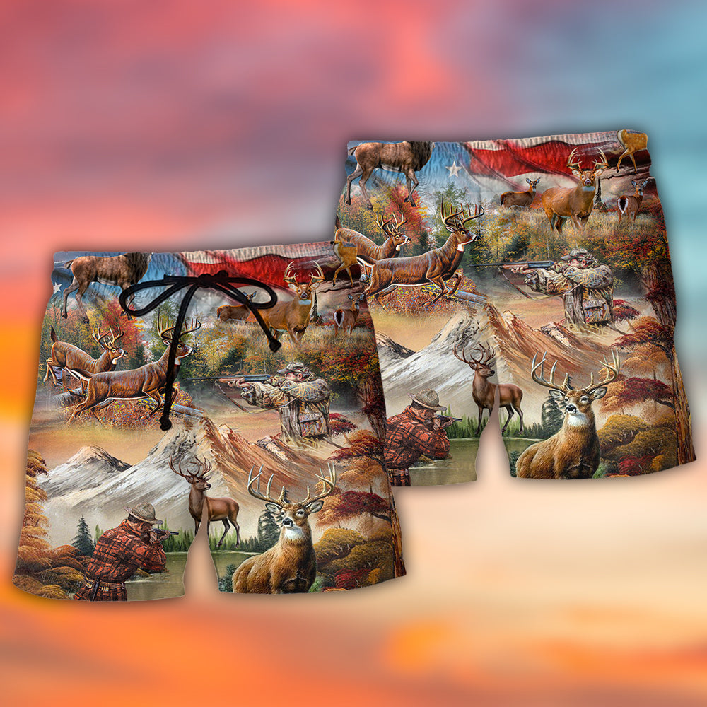 Deer Hunting USA Flag Independence Day - Beach Short