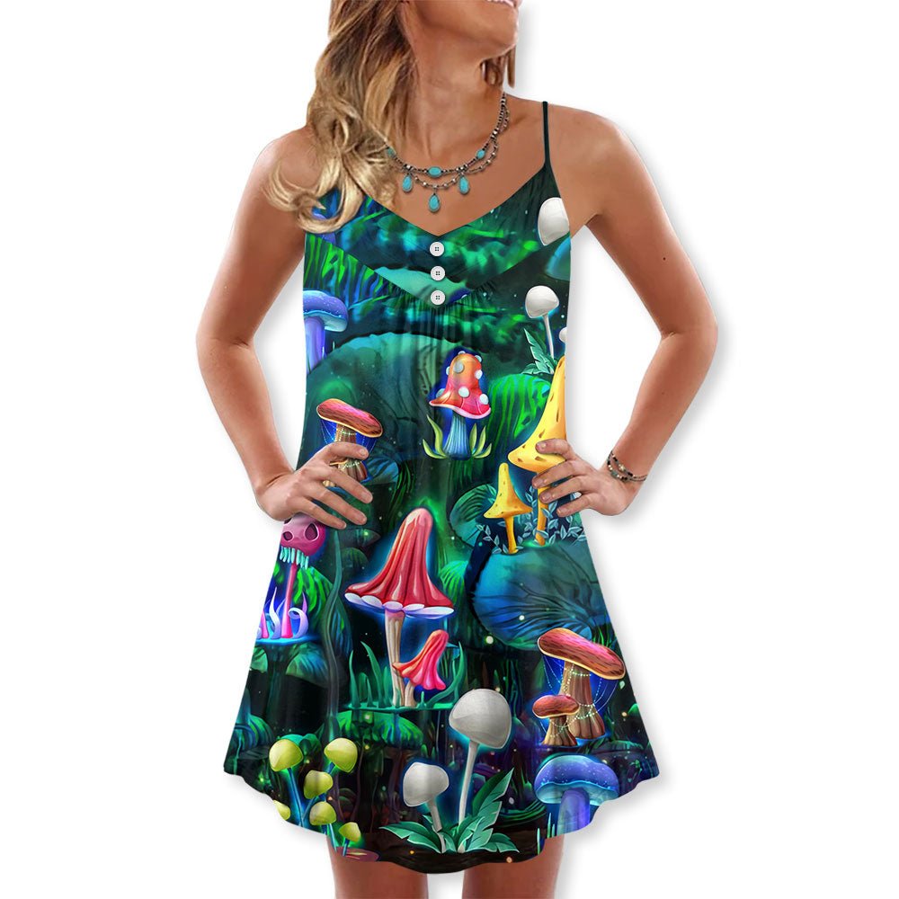 Hippie Mushroom Galaxy Neon – Women's Summer Sleeveless V-Neck Camisole Dress