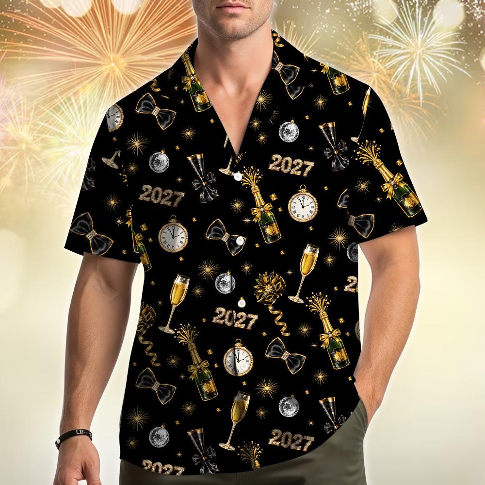 Happy New Year 2027 Champagne Clock Countdown Party – Hawaiian Shirt