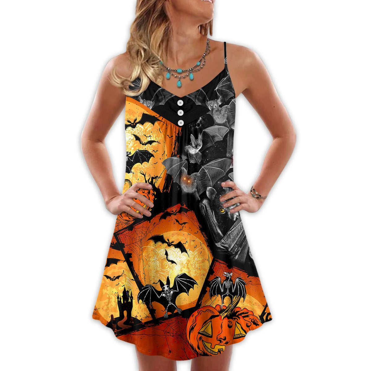 Halloween Bat Pumpkin Scary – Women's Summer Sleeveless V-Neck Camisole Dress