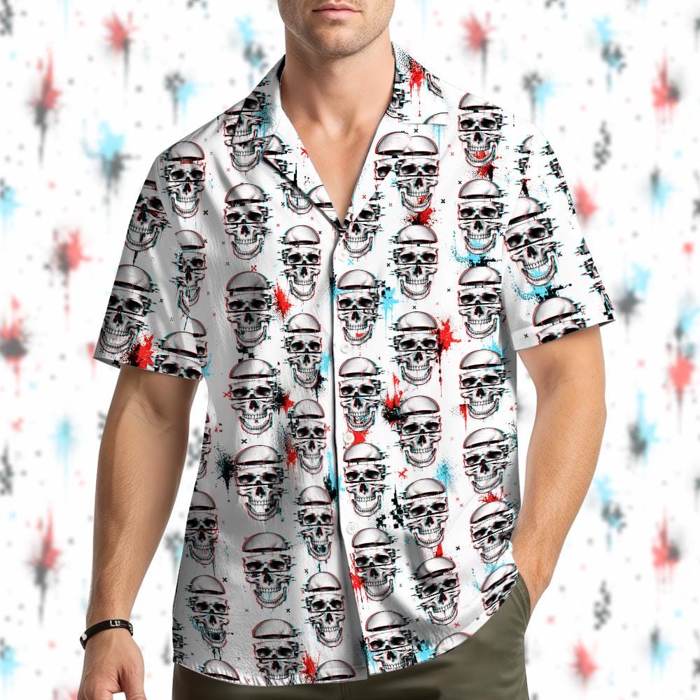 Digital Glitch Skull Trippy Cyberpunk Graffiti – Hawaiian Shirt