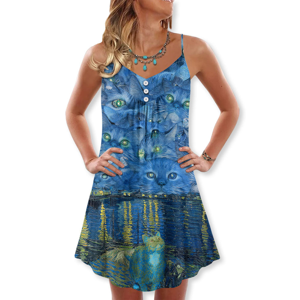 Cat Starry Night Art – Women's Summer Sleeveless V-Neck Camisole Dress