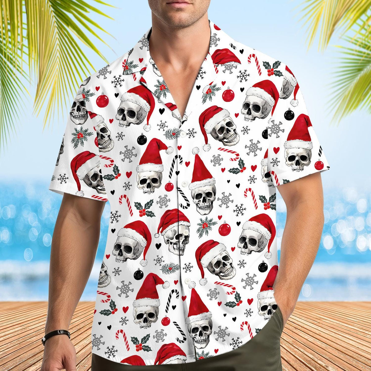 Christmas Skull Santa Hat Candy Cane Gothic – Hawaiian Shirt