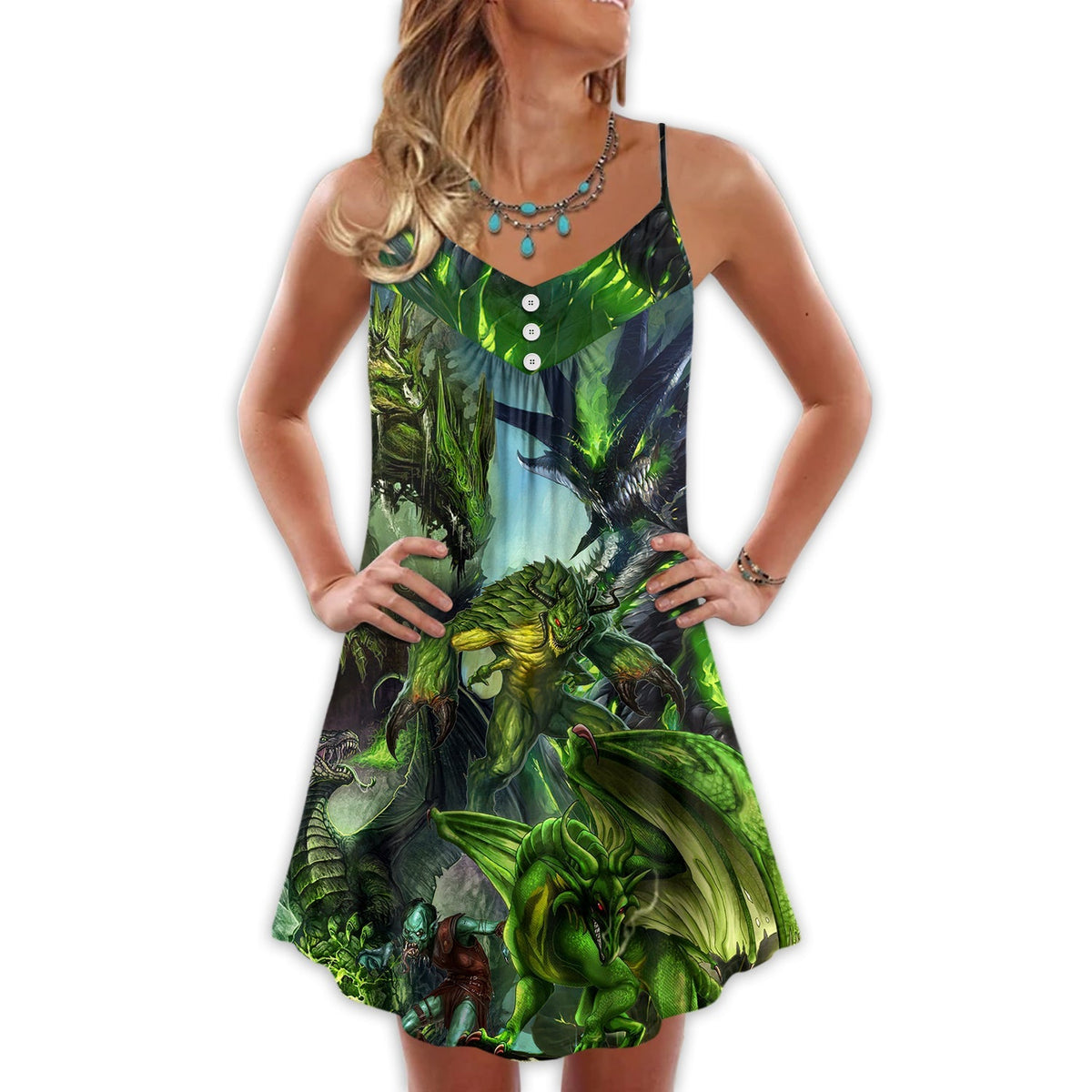 Green Dragon Skull Lover – Women's Summer Sleeveless V-Neck Camisole Dress