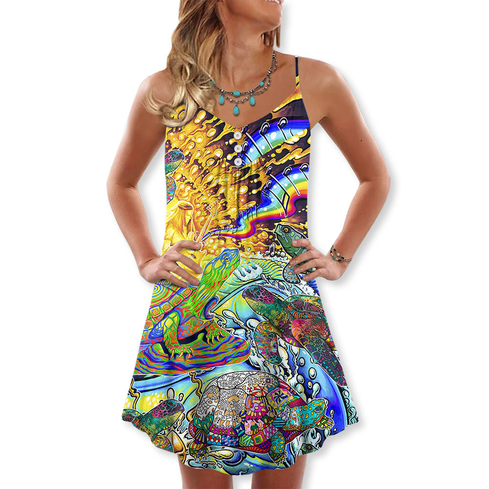 Hippie Turtle Colorful Peace – Women's Summer Sleeveless V-Neck Camisole Dress