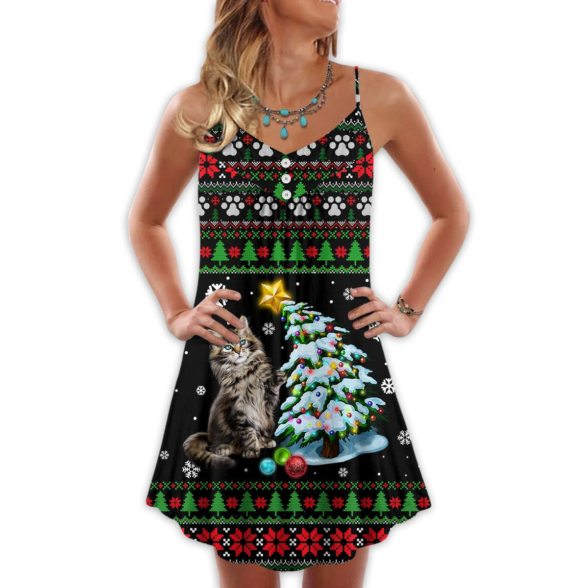 Christmas Cute Cat Wrecking Tree Funny – Women's Summer Sleeveless V-Neck Camisole Dress