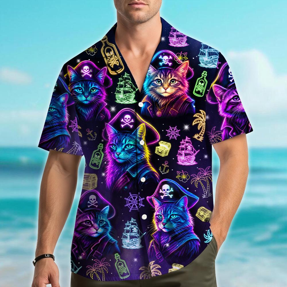 Neon Pirate Cat Glowing Captain Treasure – Hawaiian Shirt