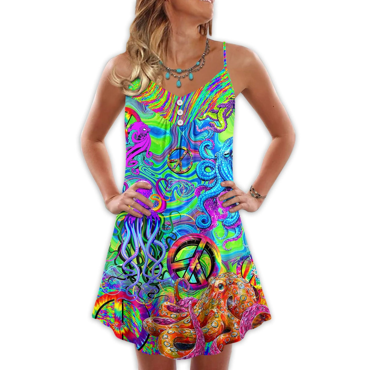 Hippie Funny Octopus Colorful Tie Dye – Women's Summer Sleeveless V-Neck Camisole Dress