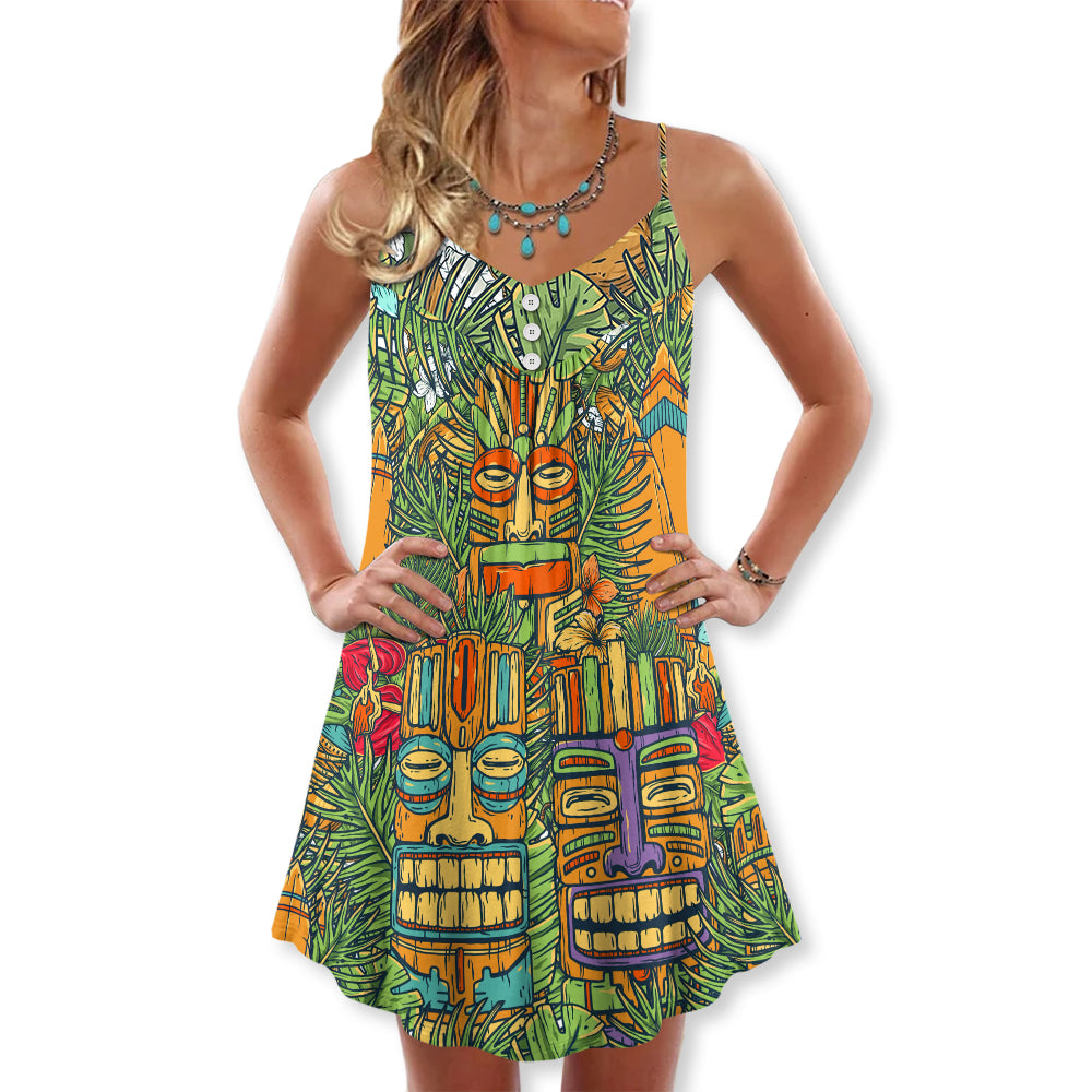 Tropical Tiki Mask Surf And Palms – Women's Summer Sleeveless V-Neck Camisole Dress