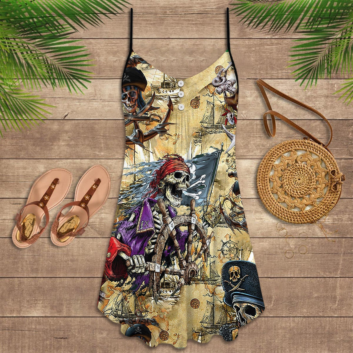 Skull Pirate Adventure Theme – Women's Summer Sleeveless V-Neck Camisole Dress