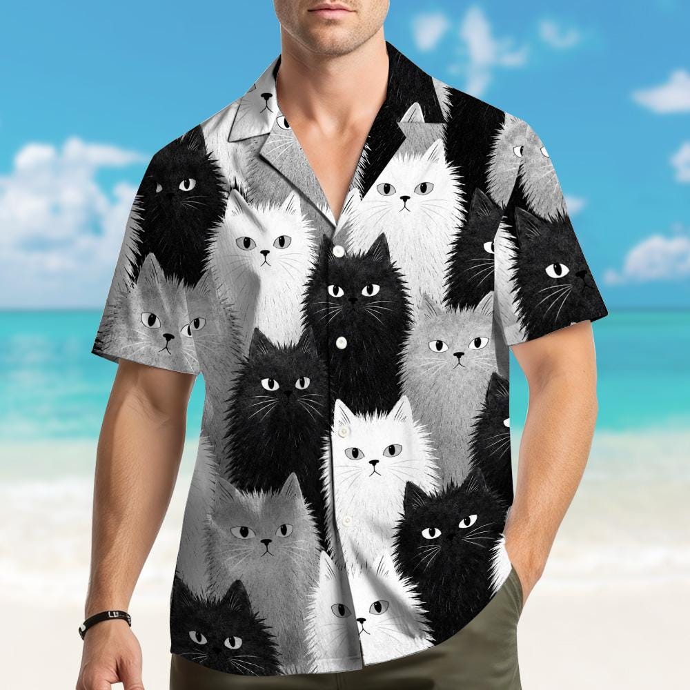 Fluffy Cat Monochrome Cute Kitten – Hawaiian Shirt