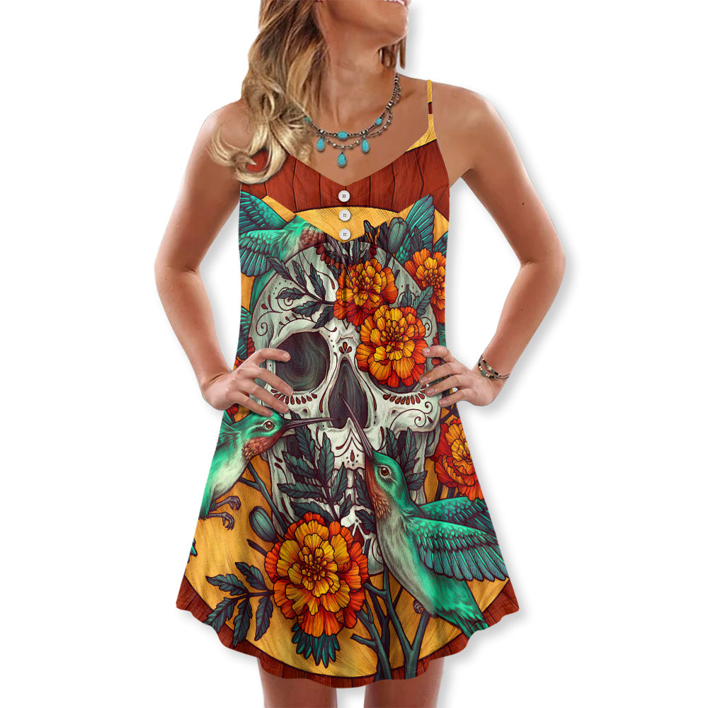 Floral Skull And Hummingbird – Women's Summer Sleeveless V-Neck Camisole Dress